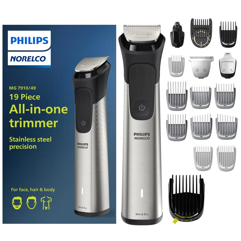 Norelco Philips Multigroom 7000 Series, All-in-One Trimmer, Beard Trimmer and Hair Clipper, 19-Piece Men‘s Grooming Kit for Beard, Head, Hair, Body, and Face, Soft Pouch, MG7910/49