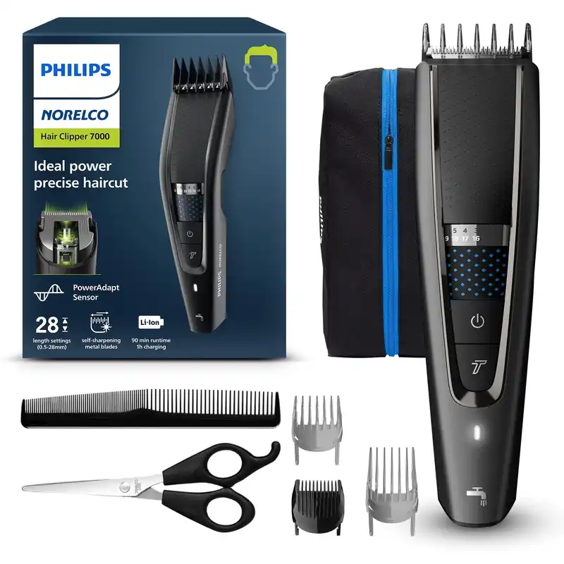 Norelco Philips Hair Clipper 7000 Series, Hair and Beard Trimmer, Precision Dial, PowerAdapt Sensor, Trim-and-Flow, DualCut, DuraPower, 28 Length Settings, 90 Min. Runtime, Model HC7650/40