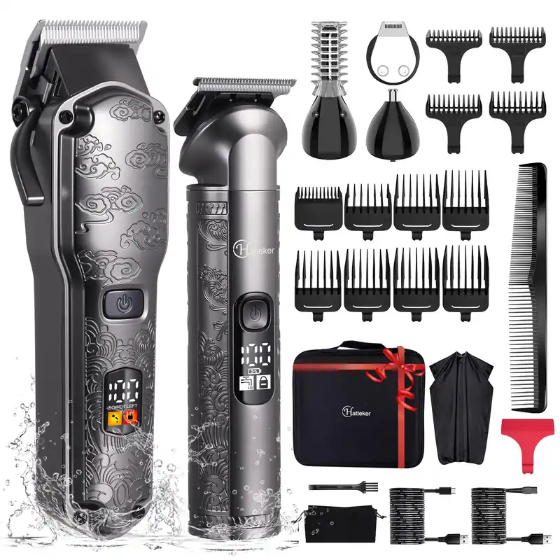Hatteker Professional Hair Clippers for Men Beard Trimmer Clippers Set Waterproof T-Blade Trimmer Cordless Grooming Kit Nose Body Hair Barber Clippers Hair Cutting Kit