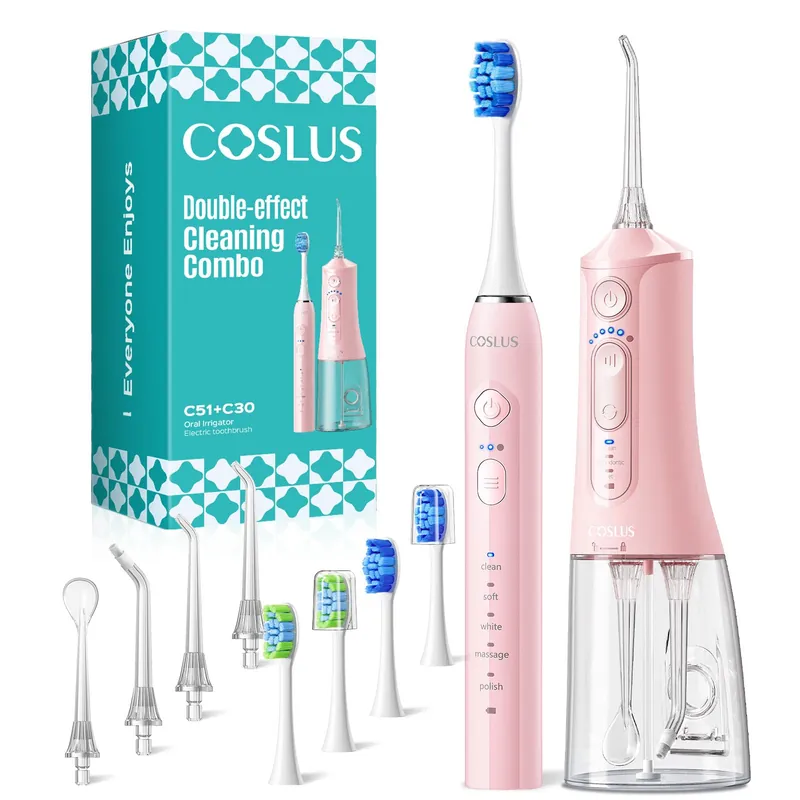COSLUS C51C30 Electric Toothbrush with Water Flosser Combo Portable Oral Clean Kit for Teeth Brushing & Flossing, Multiple Modes for Multiple Users, Cordless for Home & Travel Use, Pink