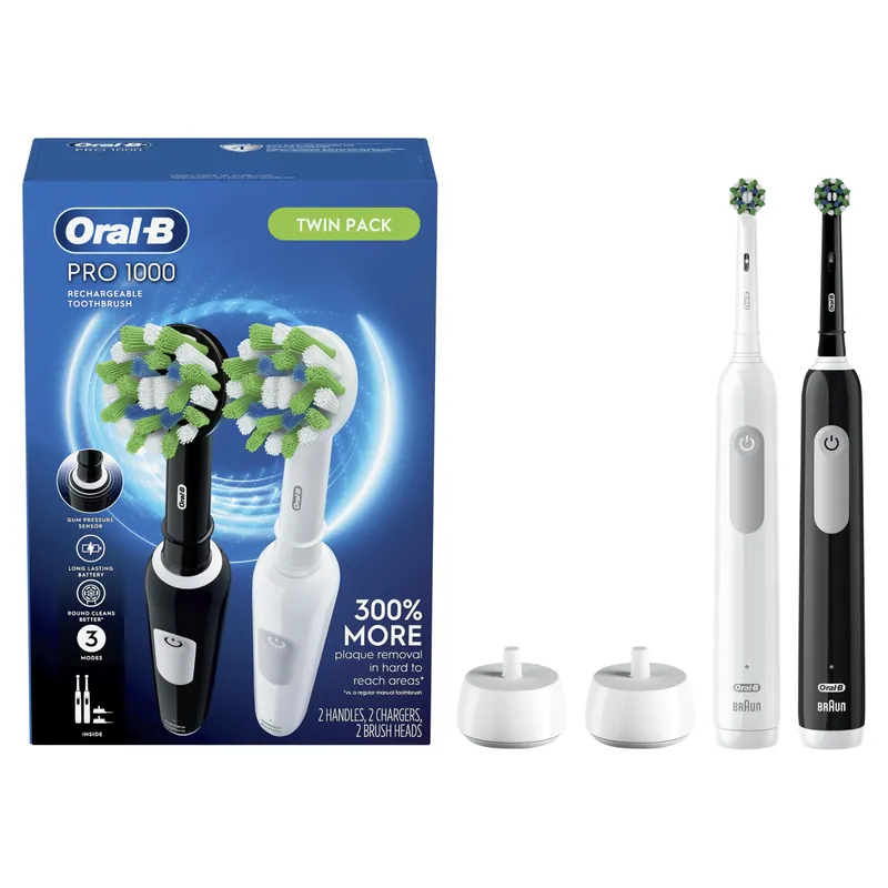 Oral-B Pro 1000 CrossAction Electric Toothbrush, Black and White, 2 Count