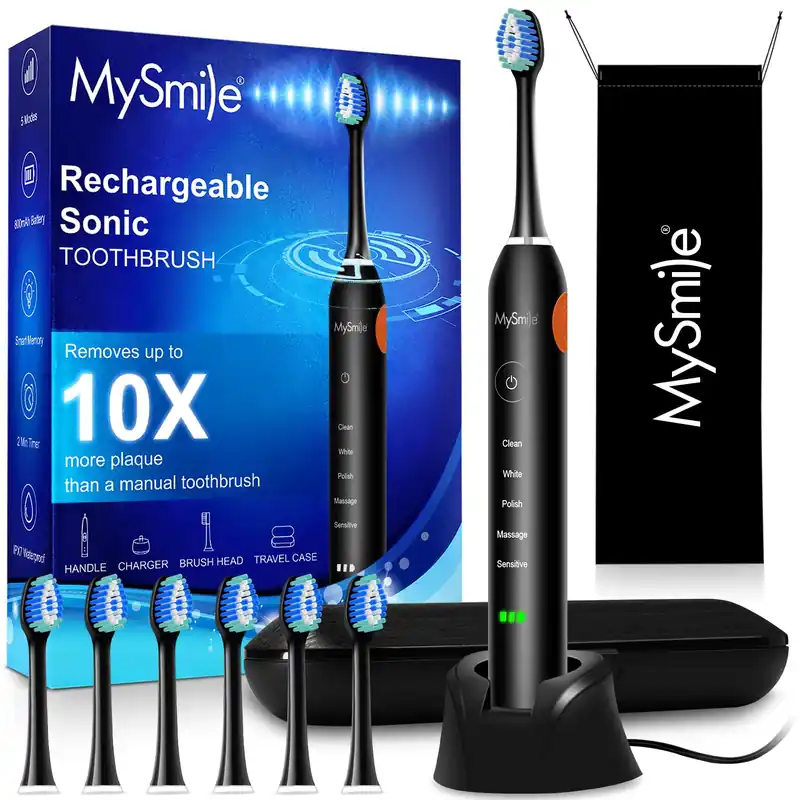 MySmile UC605 Electric Toothbrush for Adults, Rechargeable Sonic Electronic Toothbrush with 6 Brush Heads and Travel Case, 2 Mins 5 Modes Smart Timer, 48000VPM (Black)