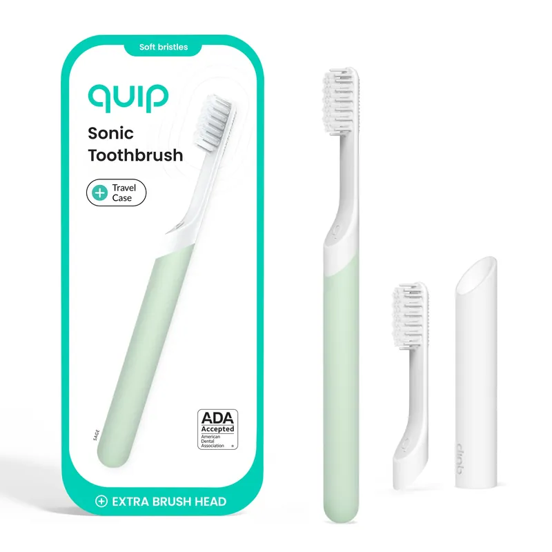 Quip Sonic Electric Toothbrush for Adults - Time Travel & Soft Bristles with Travel Case & Replacement Brush Head - 3 Month Battery Life, Plastic Handle - Sage