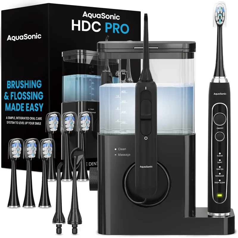AquaSonic Home Dental Center PRO – Brushing & Flossing Made Easy – Brush & Floss – Power Toothbrush & Water Flosser – Whiter Teeth & Healthier Gums – Black Series Pro+Oral Irrigator