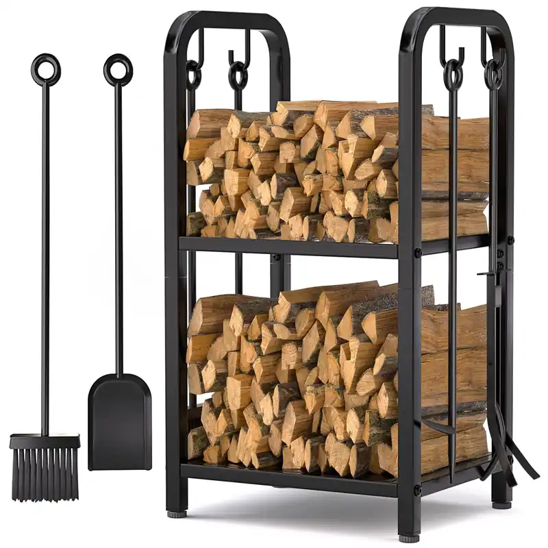 HONEST OUTFITTERS Firewood Rack Indoor, 2-Tier Firewood Rack Outdoor with 4 Pieces Fireplace Tools Set, Heavy Duty Log Wood Holder for Fireplace, Fire Pit, Wood Stove Black