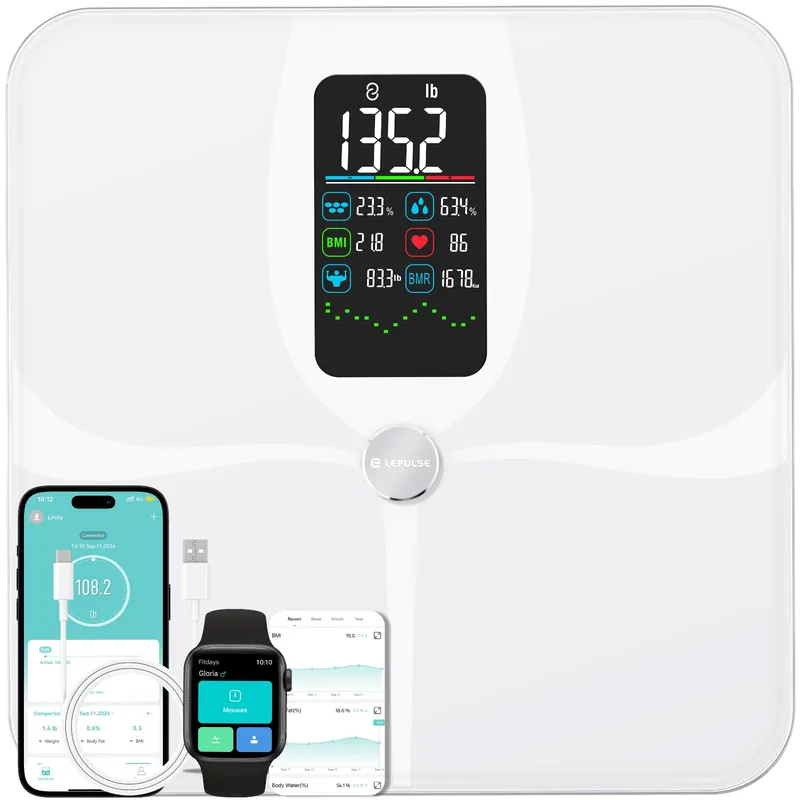Lepulse Smart Weight Scale With BMI Body Fat Muscle Mass, 4.68" Large Display With Trend, High Accurate 22 Composition Scale With Heart Rate, Bathroom Scale With App, White