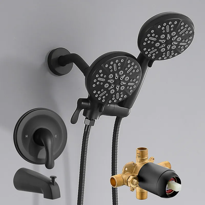 FROPO Black Shower Faucet Set with Tub Spout - Tub and Shower Faucet Combo Dual 2 in 1 Shower System with Handheld Showerhead 3-way Water Diverter Shower Trim Kit(Pressure Balancing Valve Included)