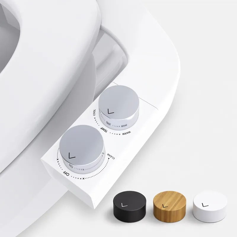 BIDETbidet Left/Right Reversible WARM WATER Ultra-Slim Bidet Attachment with Temperature Control, Interchangeable Knob Set, Hinged Nozzle, Non-Electric, Easy Install, Fits Most Toilets, Off-White