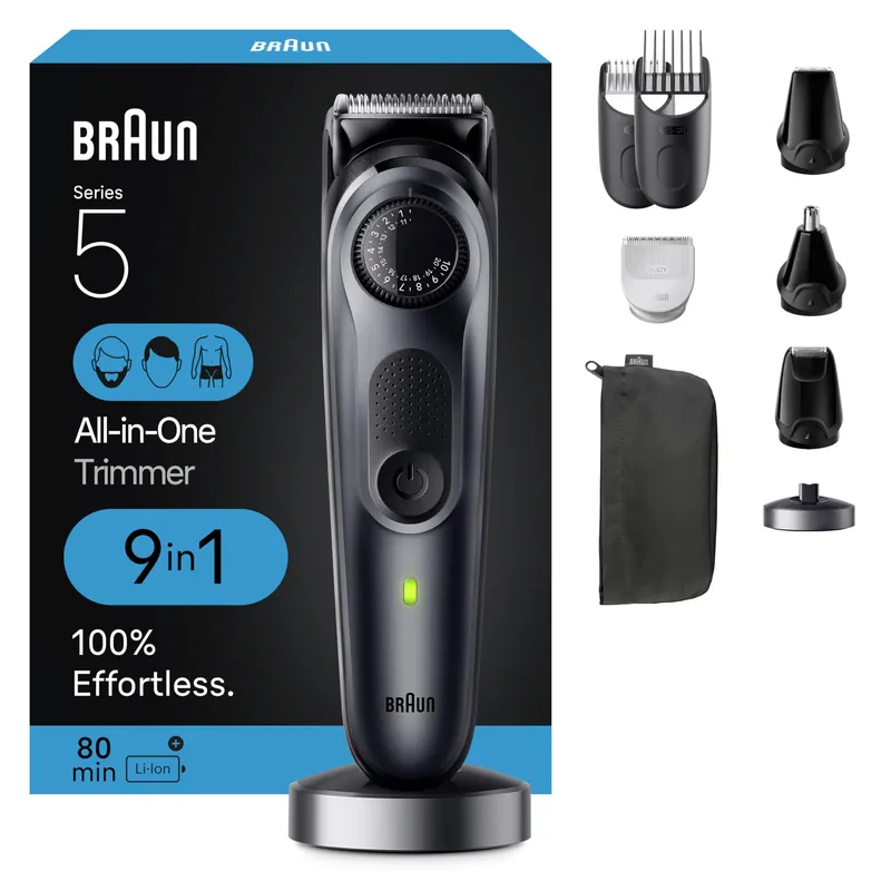 Braun All-in-One Men‘s Shaving Kit Series 5 5490, 9-in-1 Beard, Face, Nose, Ear Trimmer, Hair Clippers, Body Groomer and Manscaping