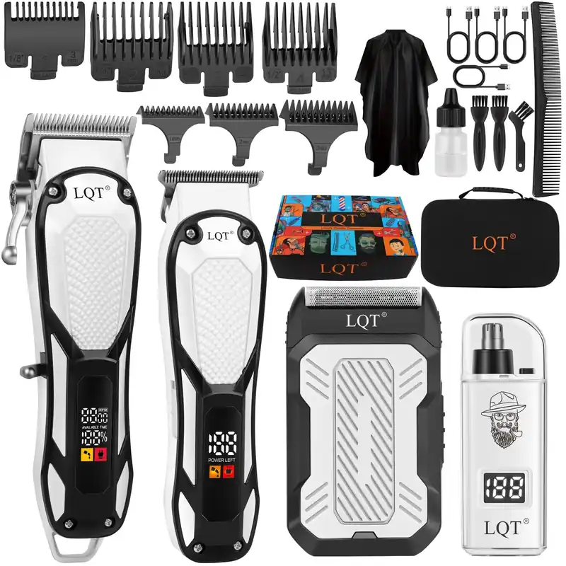 LQT Hair Clippers for Men 4 in 1 White LED Display Cordless Clippers Set Professional Electric Beard Trimmer for Men Foil Shaver Nose and Ear Hair Trimmer with Storage Bag to Son Husband Father Gifts