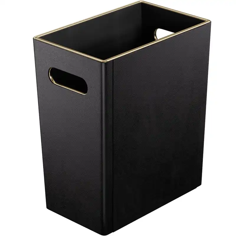Office Wastebasket with Gold-Tone Edging Decoration for Bathroom,Pu Leather Waste Bins for Toilet Bedroom Living Room