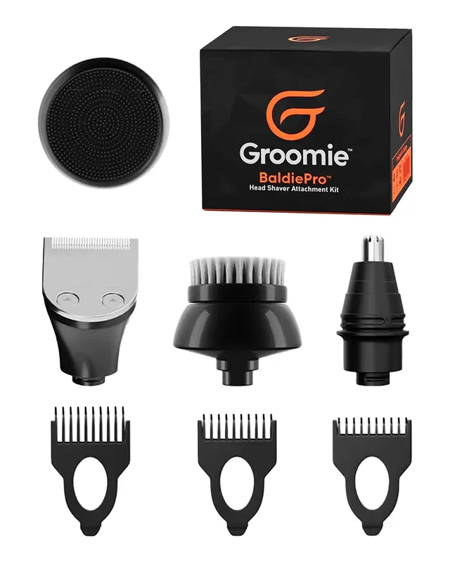 Groomie 7-Piece Men‘s Hair Clippers & Grooming Kit - Includes Precision Clipper, 3-5-7mm Clipper Guards, Ear & Nose Trimmers, Exfoliation Brush, and Pre-Shave Massager - Perfect for Beginners