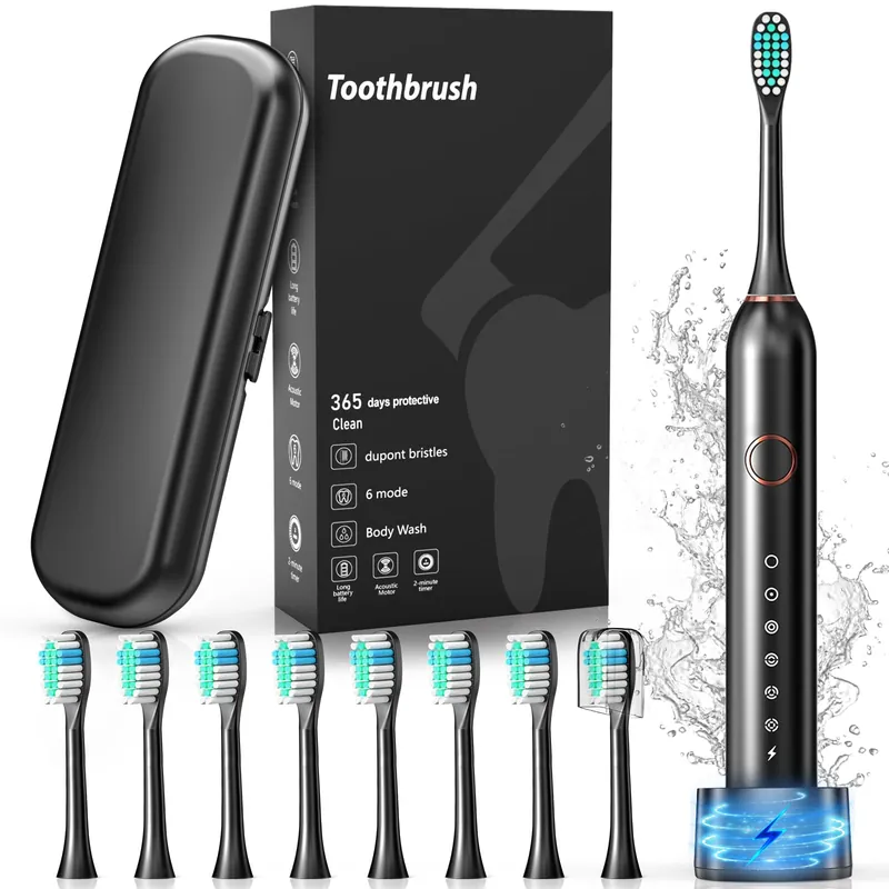 Electric Toothbrush, Sonic Type for Adults & Teens, 40000 VPM Electric Motor, 6 Modes, IPX7 Waterproof, 2 Minutes Timer, Wireless Charging, 8 Brush Heads, Travel Case, One Charge for 100 Days (Black)