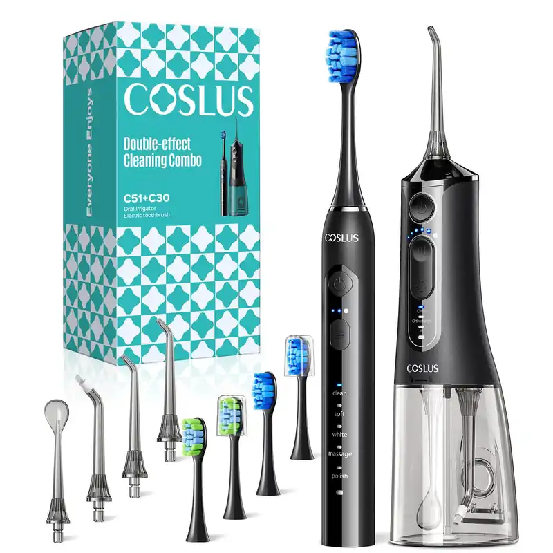 COSLUS C51C30 Electric Toothbrush with Water Flosser Combo Portable Oral Clean Kit for Teeth Brushing & Flossing, Multiple Modes for Multiple Users, Cordless for Home & Travel Use, Black