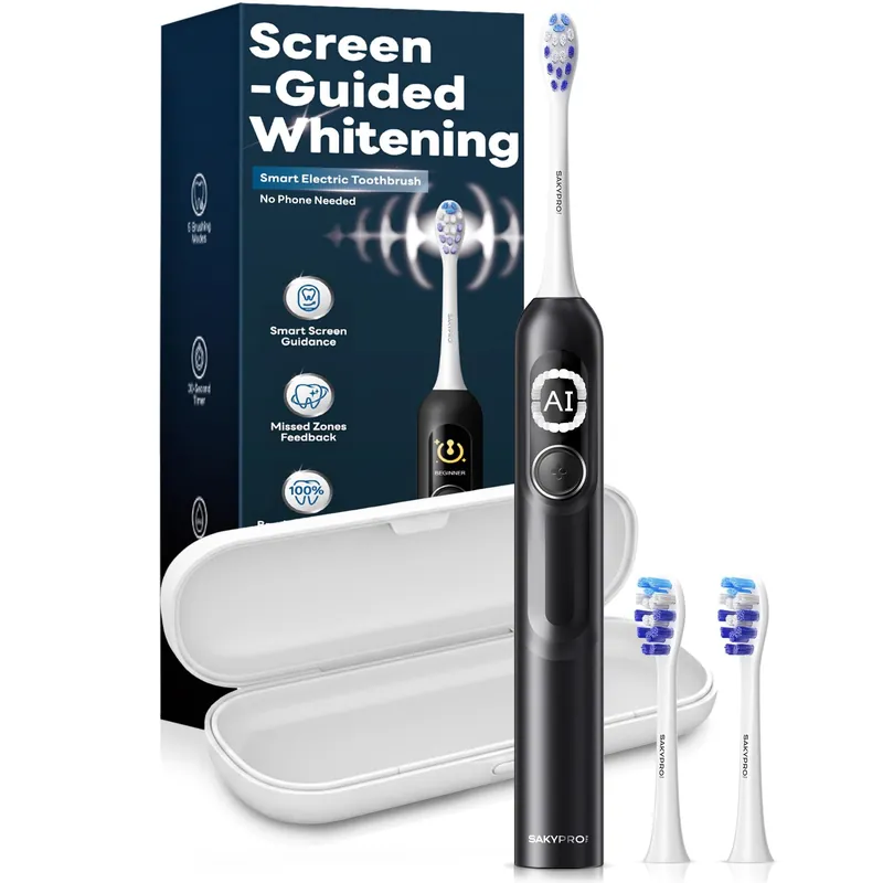 SAKYPRORAL AI Sonic Electric Toothbrush for Adults with Brushing Score & Smart Timer Display, 6-Zone Tracking, Rechargeable Whitening Brush with Soft Heads (Midnight Black)