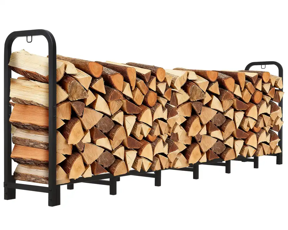 Luoieo Firewood Rack Outdoor 8 FT - Adjustable Length (2.6-8ft), Holds 1/2 Face Cord Firewood, Heavy Duty Log Holder with 14 Support Legs for Backyard Fire Pit & Indoor Fireplace,Black