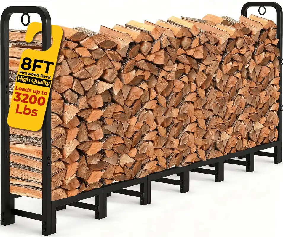 Amagabeli 8ft Firewood Log Rack Outdoor Heavy Duty Logs Holder for Fireplace Indoor Outdoor Adjustable Wood Racks for Fire Wood Holder Metal Pile Stand Storage Stacker Organizer Black