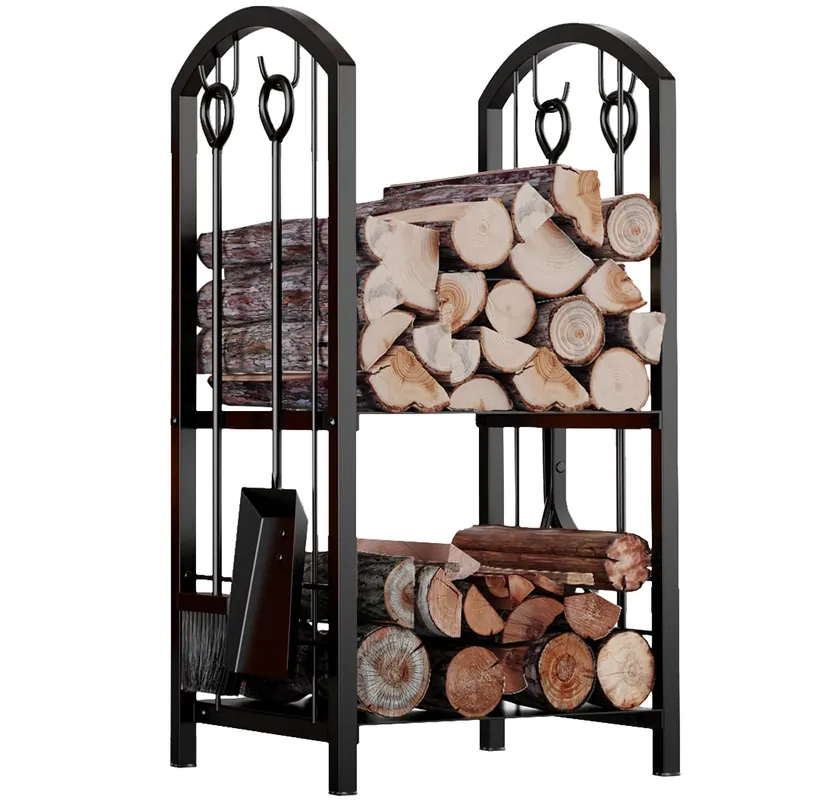 Fire Beauty Fireplace Firewood Log Rack 5-Piece Storage Logs Holder with Tools Set with 4 Tools Set Fireside Holders Wood Lumber Storage Stacking Black