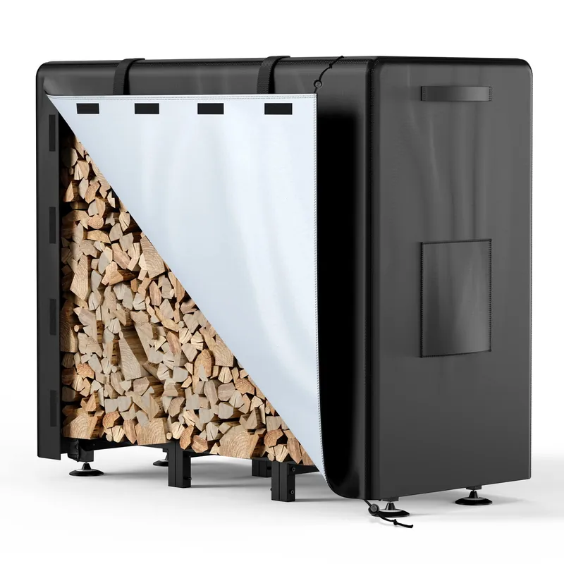 Brightown Firewood Rack Outdoor with Cover, 4FT Indoor Wood Rack for Firewood, Waterproof Fire Wood Holder Outside, Adjustable Heavy Duty Logs Stand Stacker Holder for Fireplace Patio Deck, Black