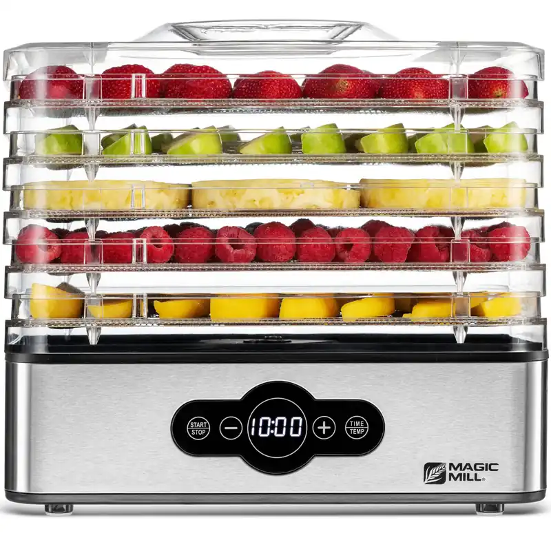 Magic Mill Food Dehydrator Machine 5 Stackable Stainless Steel Trays, 48H Digital Adjustable Timer & Temperature Control Upto 167° Electric Dryer & Preserver for Jerky, Fruit, Dog Treats & Much More