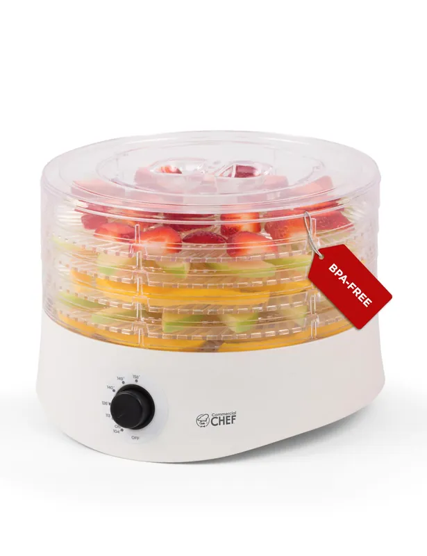 Commercial Chef Food Dehydrator, Five 9.25” BPA-Free Plastic Trays, Dehydrates and Dries Meat, Fruit, Veggies and Jerky, 280W Dehydration Machine, Adjustable Thermostat, CCD100W6, White