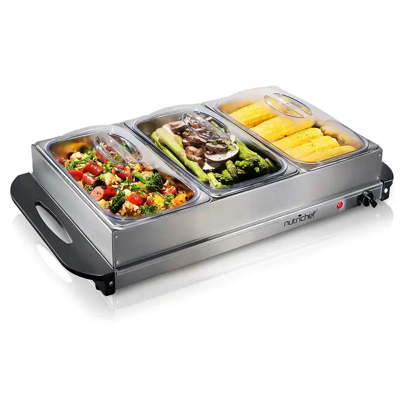 Nutrichef Professional Stainless Steel Buffet Warmer Server with 3 Trays Portable Hot Plate Food Warmer Station for Parties & Events Easy to Clean 3 See-through lids Max Temperature 175F