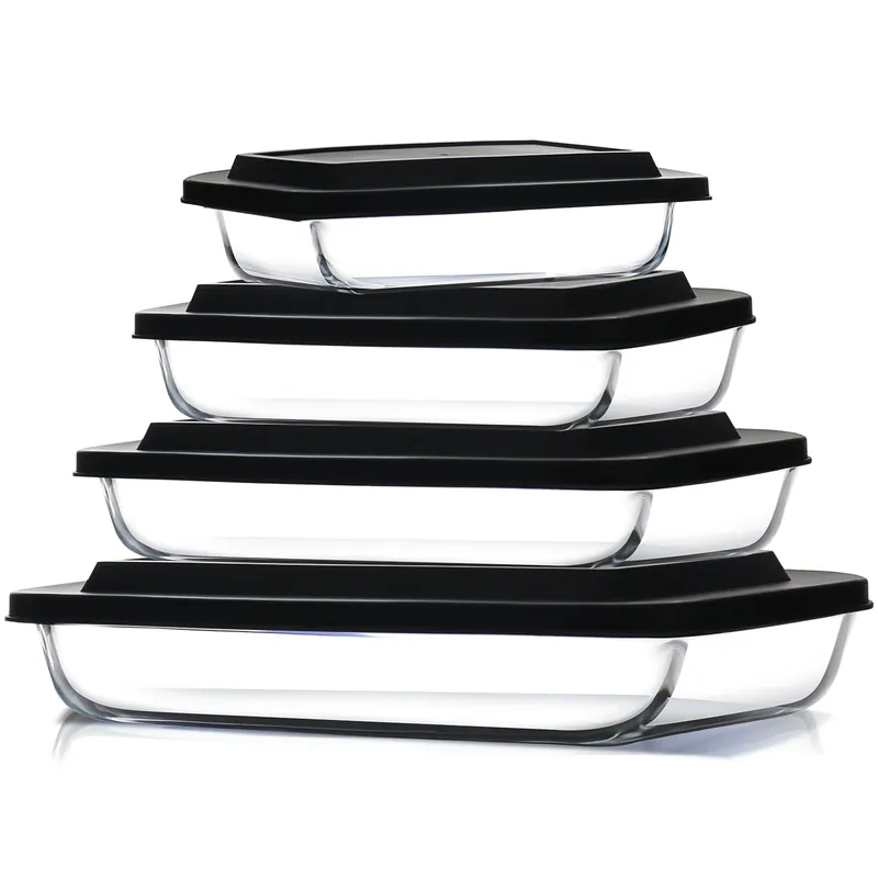 EATEX 8-Piece Deep Glass Casserole Dishes for Oven with Plastic Lids, Glass Baking Dishes for Oven, Rectangular Bakeware for Lasagna, Cooking, Leftovers, Kitchen, Freezer to Oven Dishwasher Safe