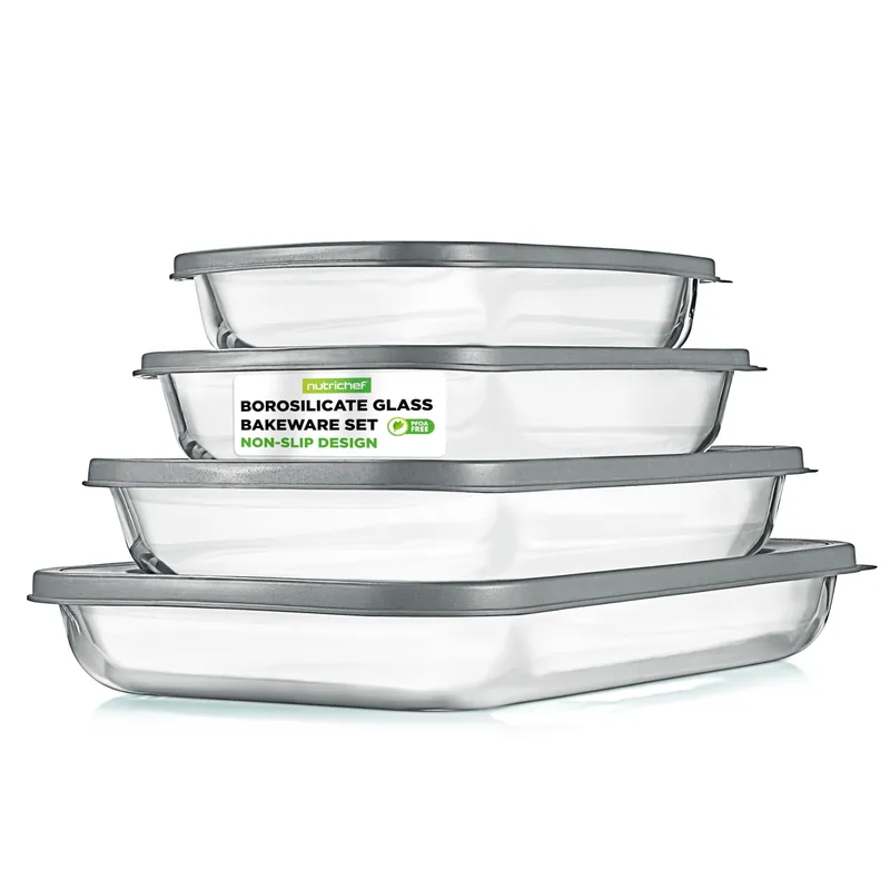NutriChef 8-Piece Deep Glass Baking Dish for Oven with Lids - Casserole Dishes for Oven - Bakeware Sets for Lasagna, Meatloaf, Leftovers, Cooking, & Dishwasher Safe -Gray
