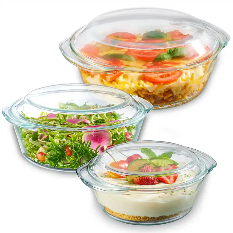 Le‘raze 6-Piece Glass Tureen Dishes for Oven - Durable Borosilicate Glass Bakeware Set with Lids, Microwave Safe, Versatile Round Covered Baking Dishes. Clear Lead-Free Casserole Cookware.