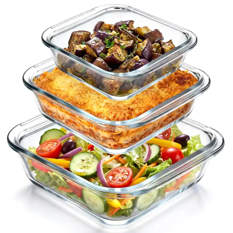 Domensi 3 Pcs 9x9 & 8x8 &7x7in Square Glass Baking Dish Set Deep Baking Pan Stackable Bakeware with Handles Oven Dishwasher and Microwave Safe, 1 Qt, 1.2qt, 2 Qt