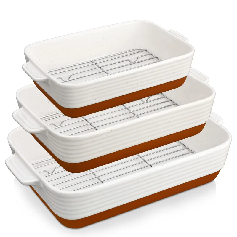 MALACASA Casserole Dishes for Oven with Roasting Racks, Ceramic Baking Dishes Set of 3, Baking Pan Casserole Dish Set, Rectangular Lasagna Pan Deep with Handles for Baking, Khaki White (14.5‘‘/13‘‘/10.5‘‘), Series TARA