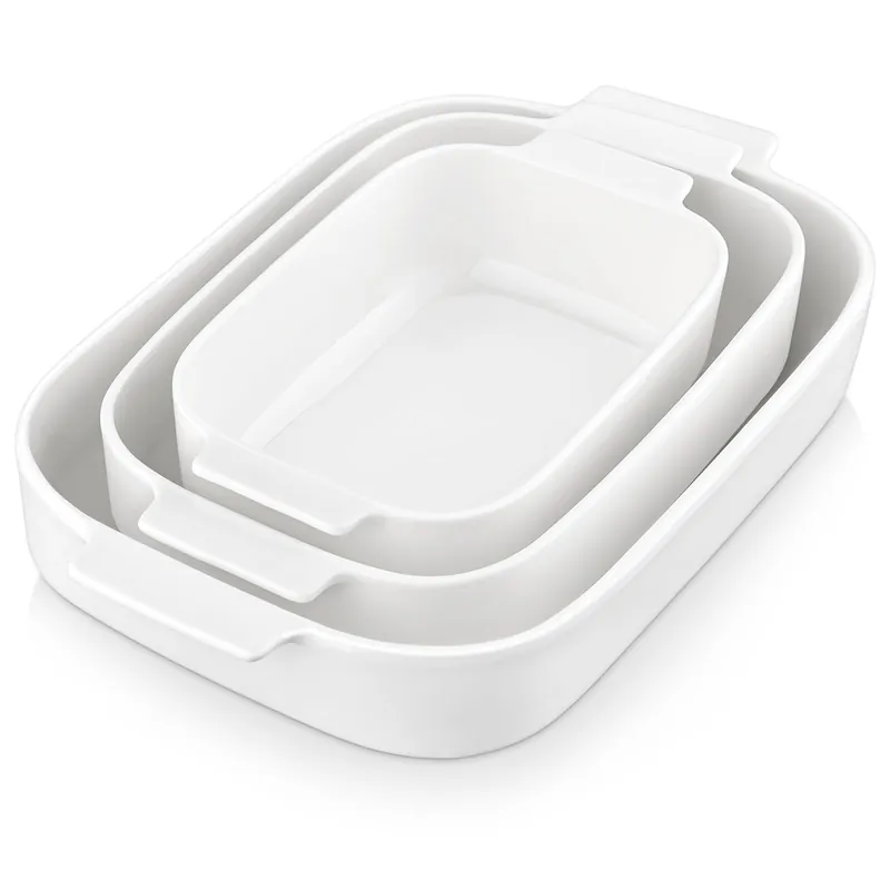 MALACASA Casserole Dishes for Oven, Ceramic Baking Dishes Set of 3, Rectangular Lasagna Pan Deep Baking Pans, Bakeware Sets with Handles Gift Set, White (13.8‘‘/11.7‘‘/9.4‘‘), Series BAKE