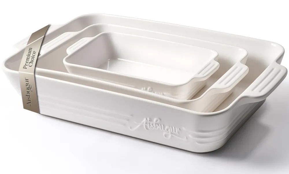 Ceramic Baking Dish Set, 3-Piece Casserole Dishes for Oven, Rectangular Baking Pans, Deep Lasagna Pans with Handles, Multi-Size Set for Cooking, Baking, Serving, and Gifting, White (16.1‘‘/12.2‘‘/9‘‘)