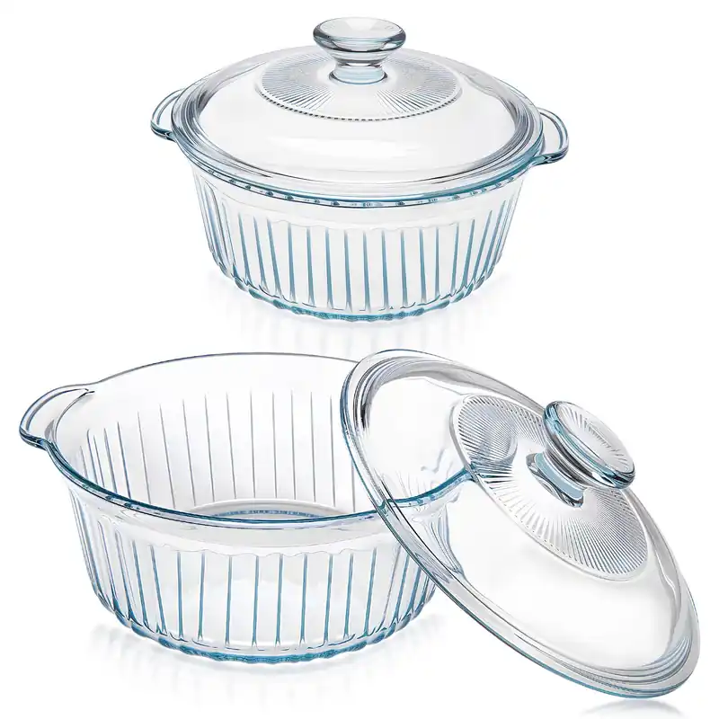 Glass Baking Dishes for Oven, 2 Pack Baking Dish with Lid, Round Casserole Dishes for Oven with Lids, Clear Glass Casserole Dish with Lid Oven Safe for Baking, Cooking, Storage, 1.7Qt and 2.5Qt
