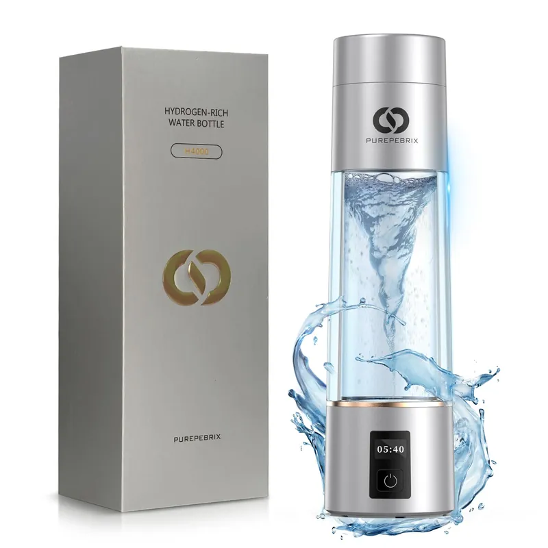 PUREPEBRIX Hydrogen Water Bottle Generator - Up to 6400 PPB, 12-Hour Hydrogen Retention, H2 Certified SPE/PEM Tech, Portable, Recovery & Thoughtful Wellness Gift (Sliver)