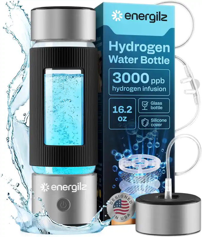 Energilz Hydrogen Water Bottle Large 16.2 oz (480 ml) Hydrogen Water Bottle Generator 3000ppb Hydrogenator Machine SPE/PEM Hydrogenated Ionizer Generator (Steel w/Black)