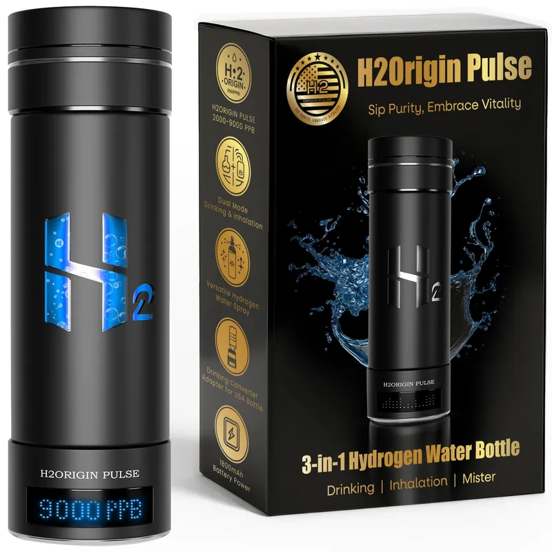 H2ORIGIN PULSE Hydrogen Water Bottle Generator, Up to 9000 PPB Hydrogen Bottle Water Ionizer with SPE/PEM Technology, 3-in-1 Portable Universal Adapter and Refreshing Mist Spray for Home Hydration