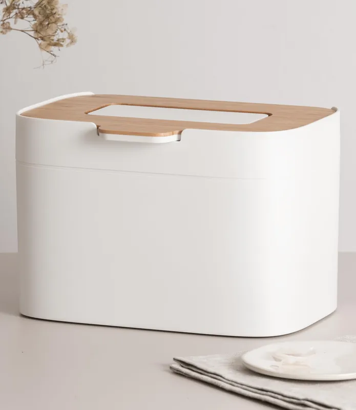 KAZAI. Compost Bin Kitchen ‘Elin‘ 1.2 GAL / 4.5L Countertop Compost Bin with Wooden Lid & Filter Odor-Free, Dishwasher Safe, with Inner Bucket Small Indoor Kitchen Composter Off-White/Bamboo