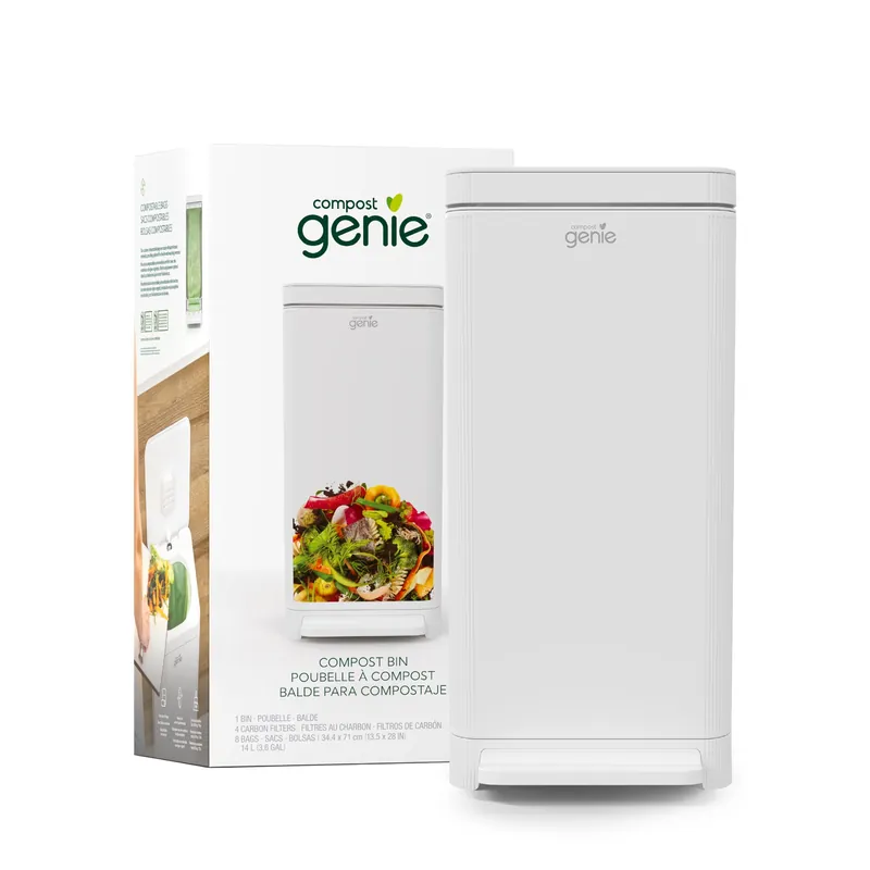 Compost Genie Kitchen Compost Bin, White Stainless-Steel Large, 3.6 Gallon, Indoor Odorless Composting, Hands-Free, Washable Parts, Includes 8 Tear-Off Compostable Bags and 4 Carbon Filters