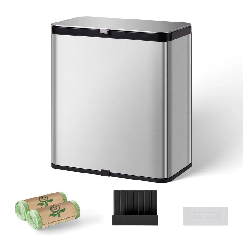 Kitchen Compost Bin with Lid, 2.1 Gallon Stainless Steel Trash Can for Countertop or Under Sink, Hanging Small Kitchen Trash Bin with Removable Inner Bucket, Charcoal Filter for Odor Control