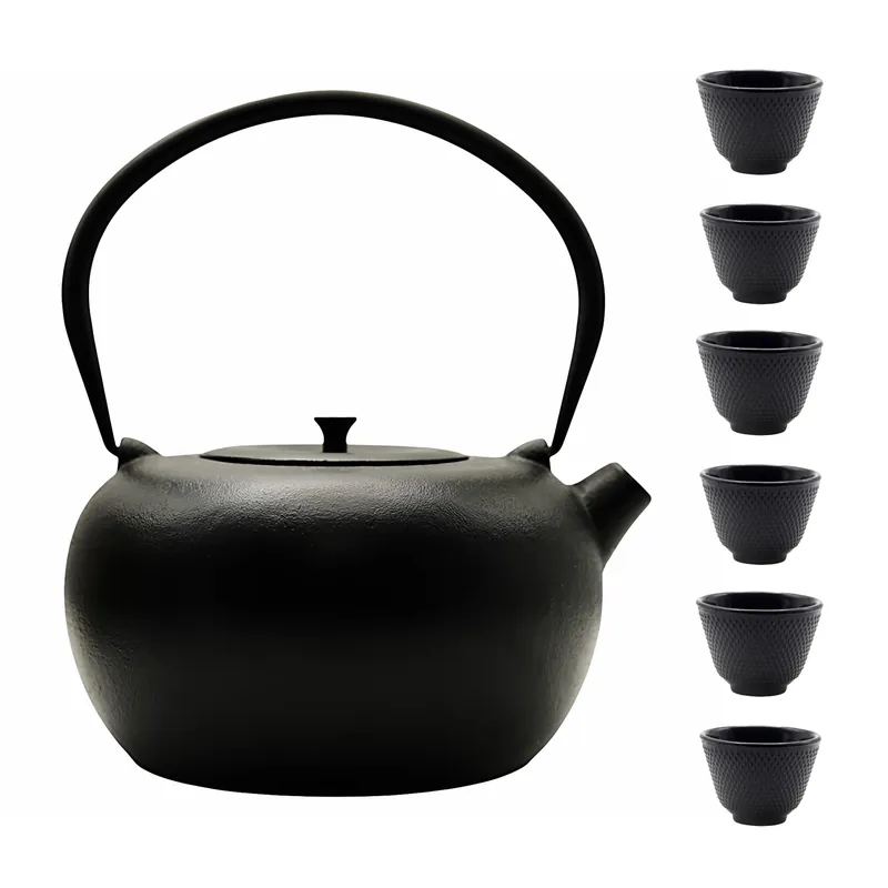SECHUDO 67.6oz Large Cast Iron Teapot and Cups Set, Black Enameled Tea Kettle for Stovetop, Heavy and Durable Tea Pot with Stainless Steel for Loose Tea, Chinese Tea Set for Gift, 2000ML