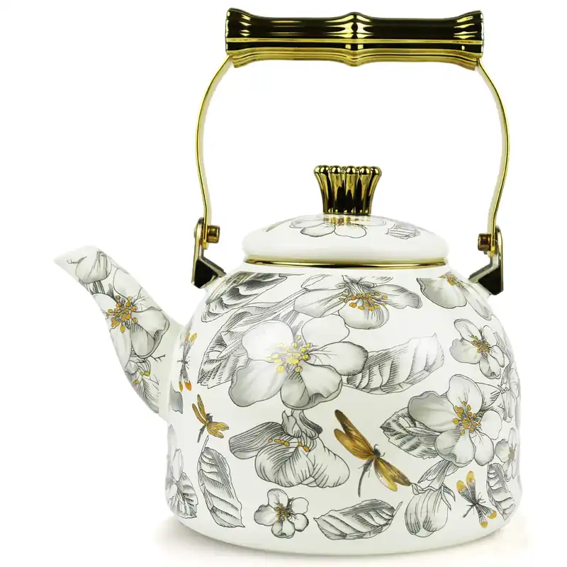 Vintage Enamel Tea Kettle, Dragonfly Floral Pattern Stovetop Teapot with Gold Handle, 2.5L Enamel Kettle Kitchen Decor, Ideal Gift for Housewarming Camping Coffee Pot