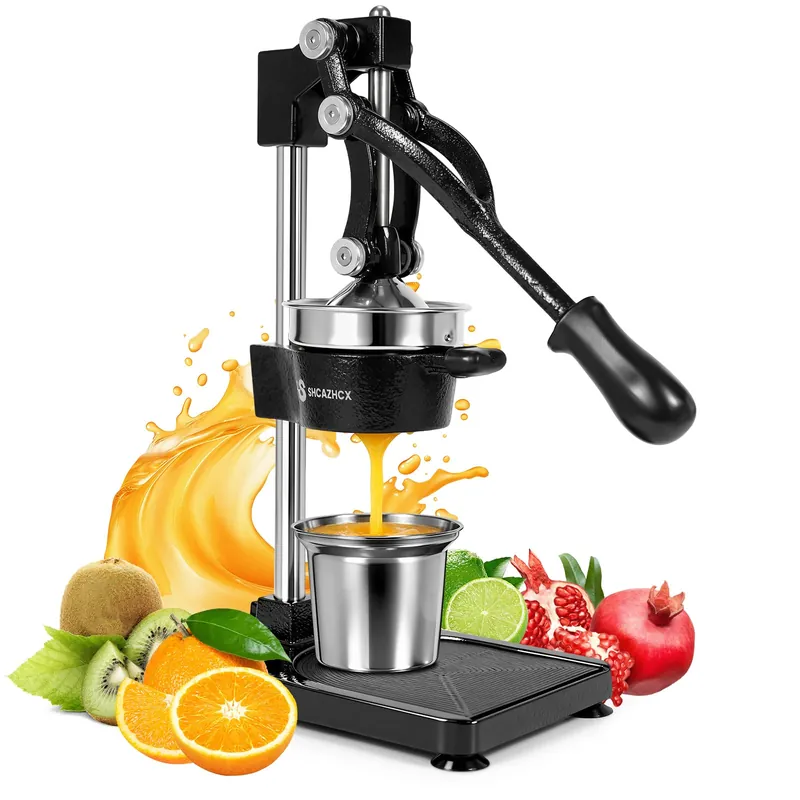 Shcazhcx Cast Iron Citrus Juicer, Ultra-Premium Hand Press Fruit Juicer with Stainless Steel Cup, Heavy Duty High Yield Pomegranate Lemon Orange Lime Squeezer for Kitchen & Commercial Use, Black