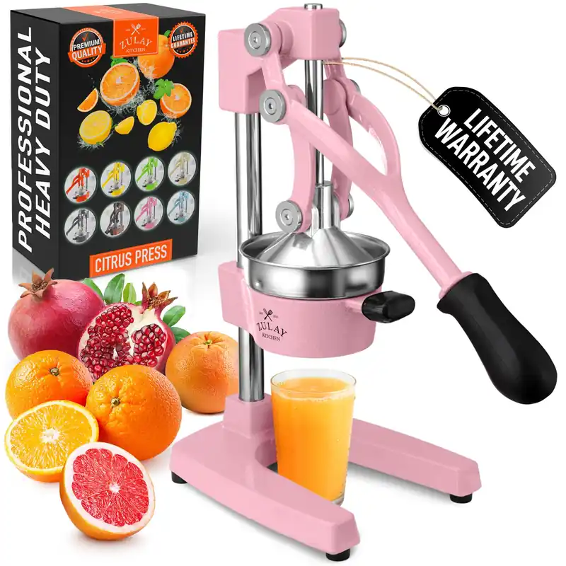 Zulay Kitchen Cast-Iron Orange Juice Squeezer - Heavy-Duty, Easy-to-Clean, Professional Citrus Juicer - Durable Stainless Steel Lemon Squeezer - Sturdy Manual Citrus Press & Orange Squeezer (Pink)