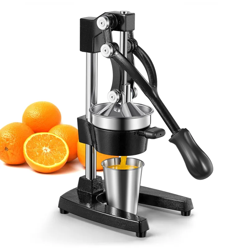 QCen Professional Cast Iron Manual Juicer, Heavy Duty Citrus Press with Stainless Steel Strainer, Easy-to-Clean Hand Squeezer for Orange, Lemon, Lime and Grapefruit - Black (Black)