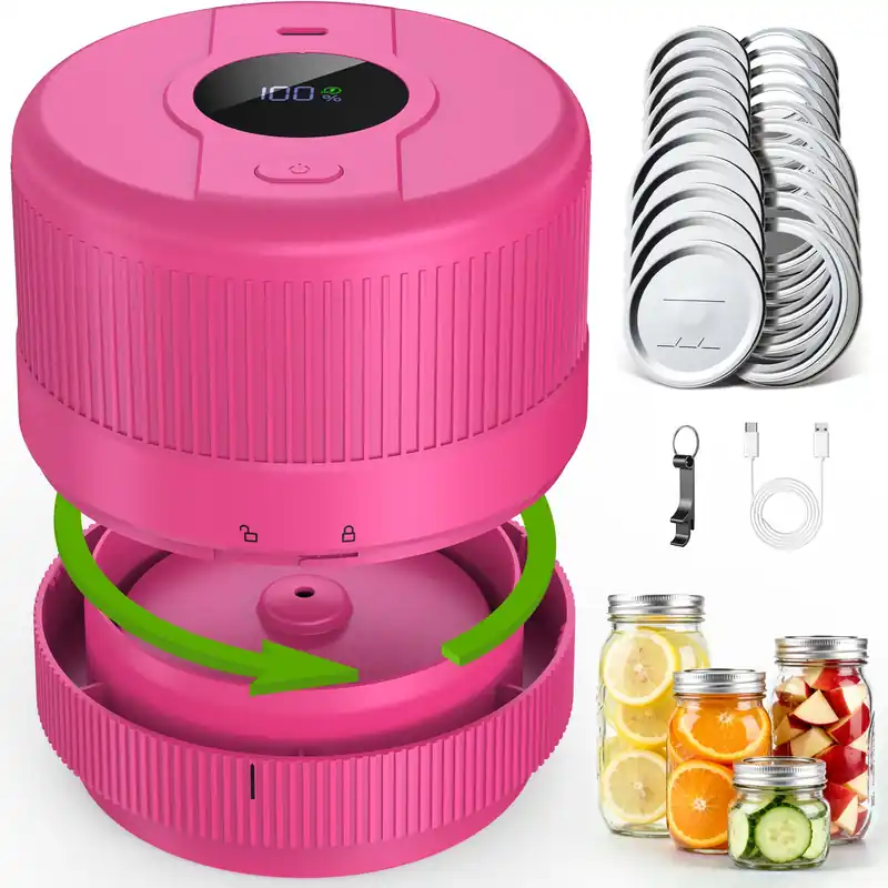 Mason Jar Vacuum Sealer Kit, Electric Sealer for Wide and Regular Mouth Mason Lids, Canning Vacuum Sealer Mason Jar, Automatic Vacuum Sealer Machine for Food Storage - Rose Red