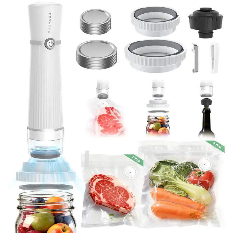 Innoworld 3-in-1 Vacuum Sealer for Food Compatible with Vacuum Bag, Mason Jar, Wine Bottle, Handheld Saver Compact Vacuum Sealer Machine with 14 Reusable Bags