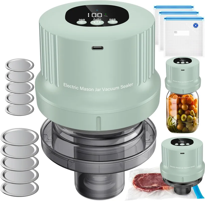 Mason Jar Vacuum Sealer Kit-Full-Automatic-Jar-Sealer-Vacuum-Sealing,3 in 1 Cordless Canning Jar Vacuum sealer with Wide&Regular Mouth Mason Lids/Reusable Vacuum Bags/Food Saver Vacuum Sealer for Jars