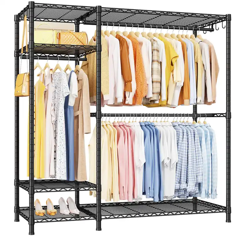 Ulif F7 Garment Rack, Heavy Duty Clothes Rack, Clothing Racks for Hanging Clothes, 6-Tiers Freestanding Portable Closet Storage Rack 58‘‘ W × 14.6‘‘ D × 76.6‘‘ H, Max Load 800 Lbs, Black
