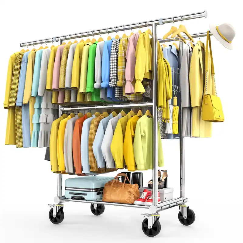 100% Stainless Steel Heavy Duty Clothes Rack Load 960LBS, Three Rods Clothing Racks for Hanging Clothes Extendable,Rolling Garment Rack With Sturdy Wheels Shelves Hooks, Portable Closet Wardrobe Rack